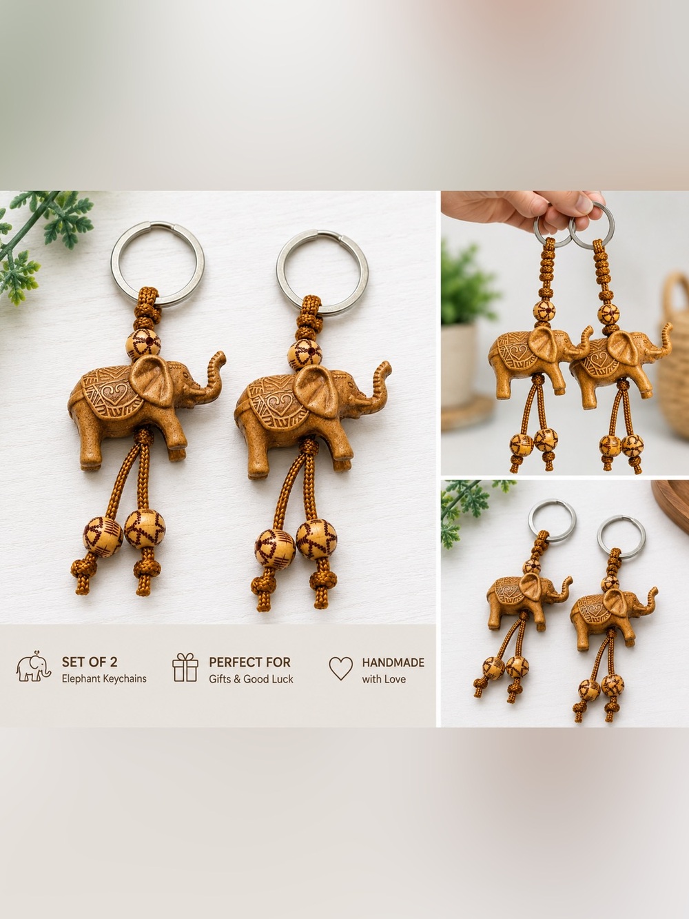 Set of 2 Thai Elephant Keychains | Heart Design | Wood Look Plastic Charms